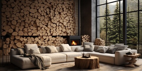 Rustic interior design of modern living room with white sofa and wooden logs.