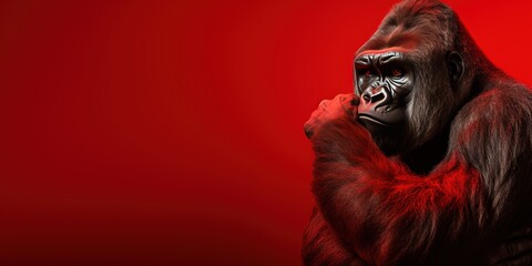 Obraz premium Strong gorilla on a red background. Banner, copy space.