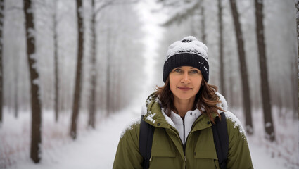 middle-aged woman in the snow, close-up of woman looking at camera in winter clothes and hat with snow. copy space