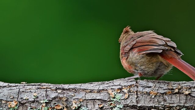 A fledgling Cardinal finding food on a dead log