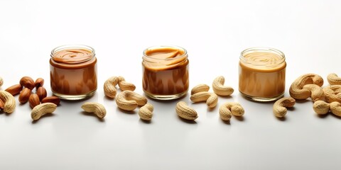 Peanut butter made from peanuts, almonds and walnuts on white background. generative AI