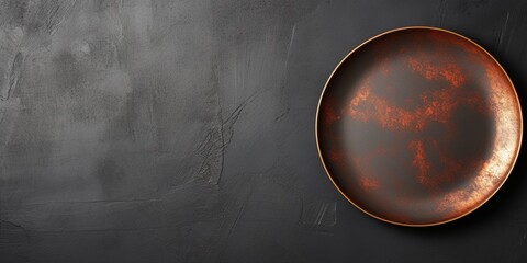 Top view of An empty plate with cutlery on a dark concrete background - obrazy, fototapety, plakaty
