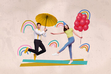 Creative composite photo collage of funny positive man girl hold parasol helium bubbles celebrate...