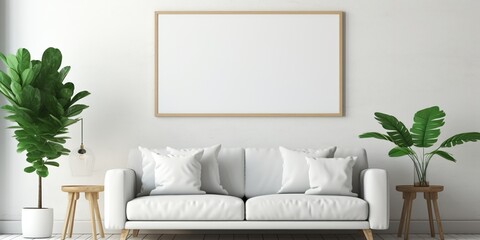White blank poster mockup in living, scandinavian style