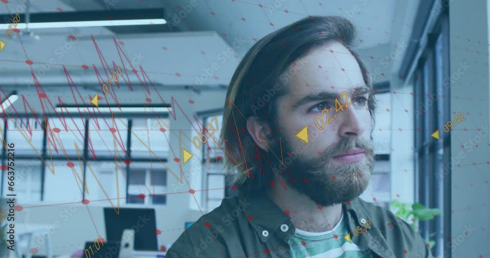 Poster animation of graphs and changing numbers, thoughtful caucasian man looking through window