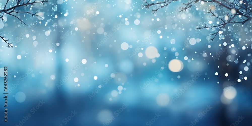 Poster winter composition with white empty paper sheet with space for text. bokeh lights background.