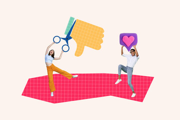 Collage image of two mini girls scissors cut big thumb down dislike hold like notification isolated...