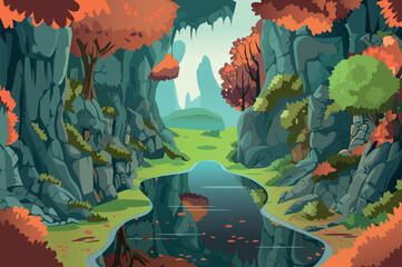 Background river in the rocks in the flat cartoon design. Captivating illustration captures the serene beauty of a river winding its way through rugged rocks and lush greenery. Vector illustration.
