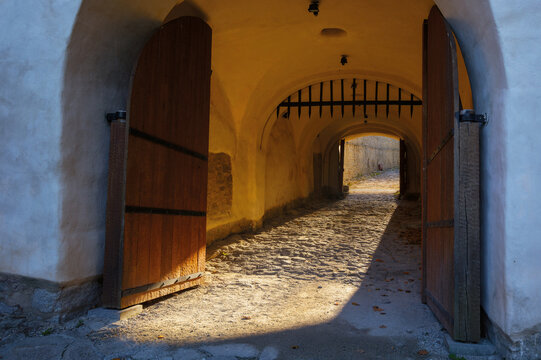 medieval entrance with gates. architectural background