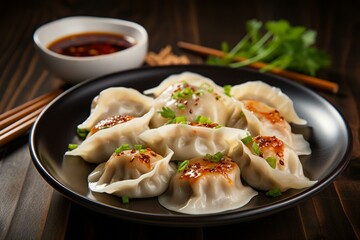Fototapeta na wymiar Delicious dumplings with Chinese flavors served nicely. Generative AI