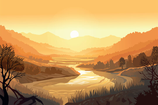 Background savanna in the flat cartoon design. The image captures the serene of the savanna, depicting a moment of quiet contemplation amid the vastness of the natural world. Vector illustration.