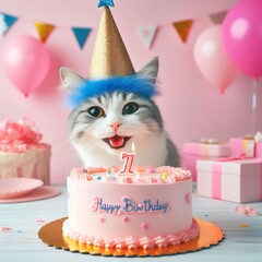 7 years old birthday cake in front of a happy cat wearing a hat, birthday party card