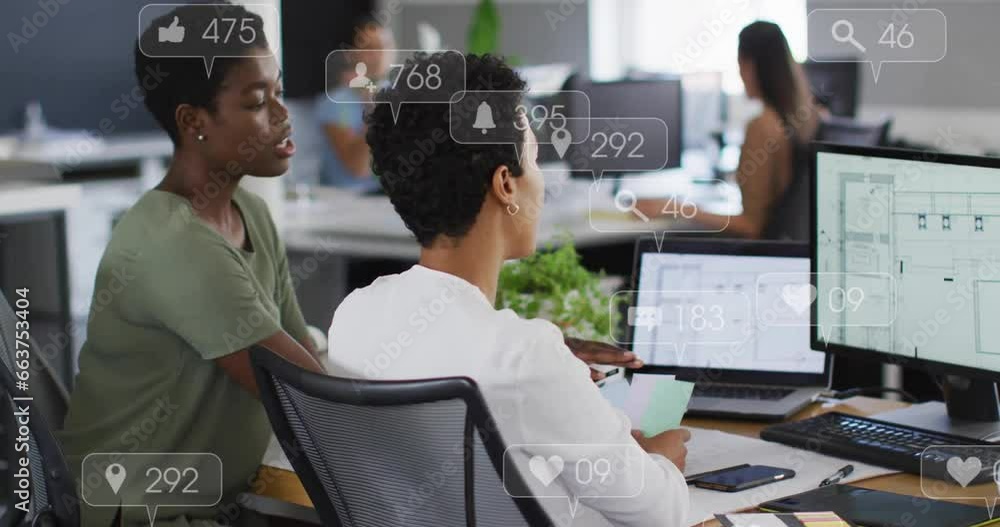 Aufkleber animation of multiple notification bars over diverse female coworkers discussing reports on computer