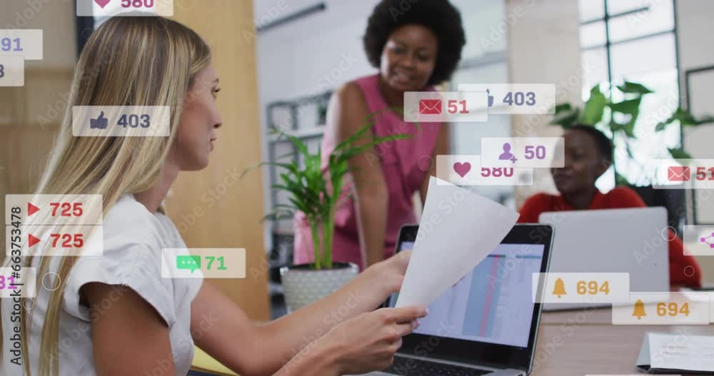 Aufkleber animation of multiple notification bars over diverse coworkers discussing reports in office