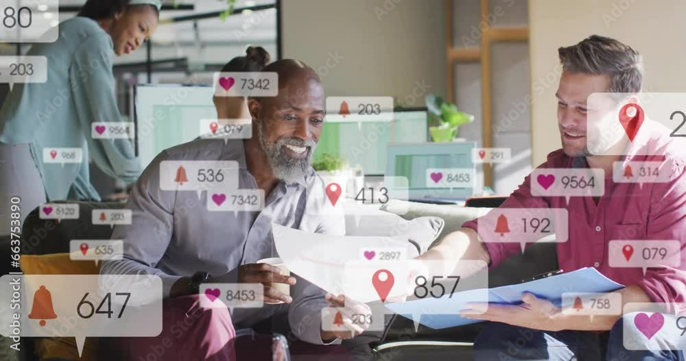 Poster animation of changing numbers and icon in notification bars, diverse coworkers discussing reports