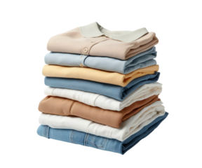 Stack of folded clothes. Pile of clean shirts and sweaters isolated on white transparent background. PNG