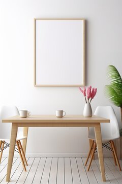 A minimalist and serene image of a wooden table with a blank picture frame and a vase of fresh flowers in a sunlit room. 