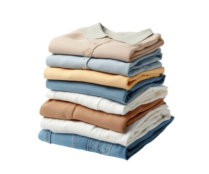 Stack of folded clothes. Pile of clean shirts and sweaters isolated on white transparent background. PNG