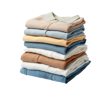 Stack of folded clothes. Pile of clean shirts and sweaters isolated on white transparent background. PNG