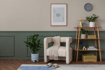 Stylish composition of cozy living room interior with mock up poster frame, beige armchair, wooden...
