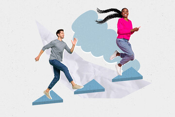 Composite collage picture of two young colleagues jumping careless fantastic upstairs progress together isolated on sky clouds background