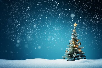 Shiny Christmas tree on snowy blue background. Generative AI