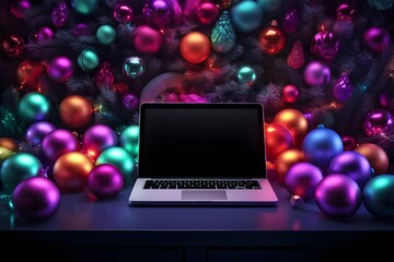 laptop with blank screen in neon glow. background from Christmas decorations. copy space. place for text. generative ai