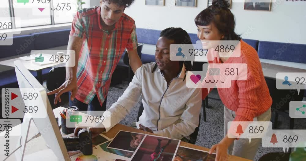 Poster animation of multiple notification bars over diverse coworkers discussing design on computer