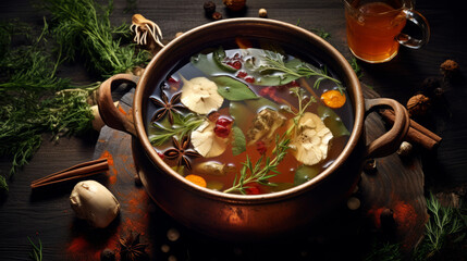 homemade stock or broth in a copper pan - obrazy, fototapety, plakaty
