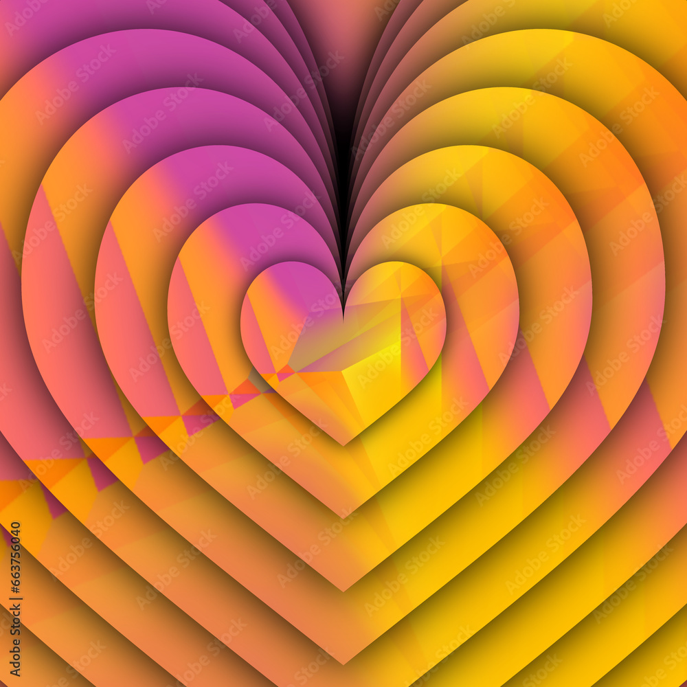 Poster concentric heart shaped pattern with drop shadows patterns bright vivid yellow and red creative text
