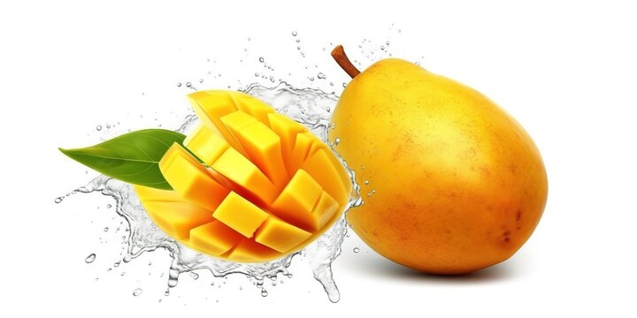 Photo of ripe and fresh mangoes falling into clear water and splashing effect. generative AI
