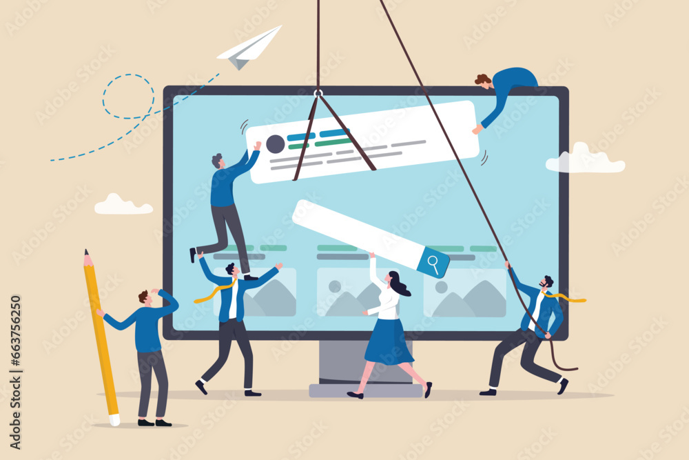 Fototapete Website development, build homepage layout or html designer, SEO search engine optimization or site template creation concept, business people help carry web banner create website on computer screen.