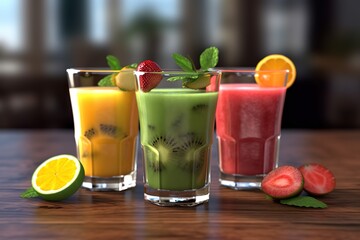 Fototapeta premium Healthy fruit juice served in clear glasses. generative AI