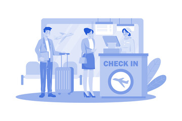 Passengers stand in line to check in at the airport