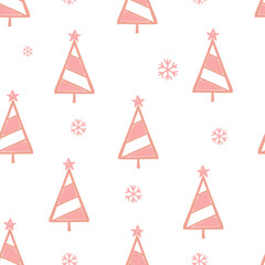 Seamless pattern with Pink Christmas tree and snowflakes on white background vector illustration.