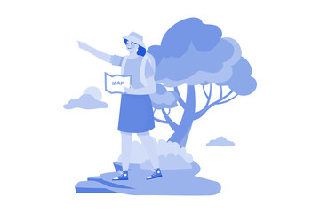 Female tourist with a backpack is experiencing the trip