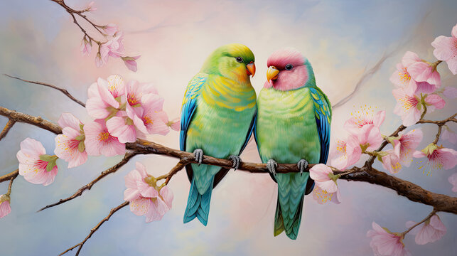 parrots on cherry blossom branch
