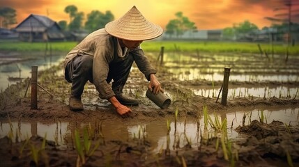 Asian farmers cultivate rice during the wet season, AI generative