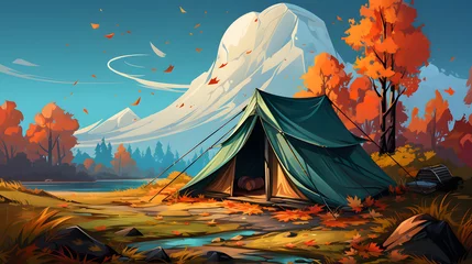 Papier Peint photo autocollant Camping Illustrate a cozy camping setup in the midst of a colorful autumn forest, with fallen leaves, campfire, and the essence of fall in the air. Ideal for autumn-themed content.