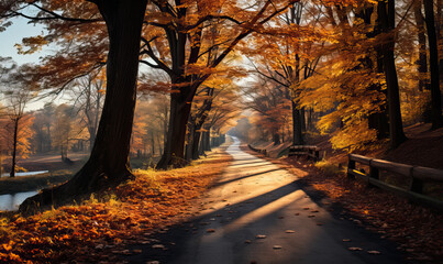 Road in the autumn forest on a sunny day.