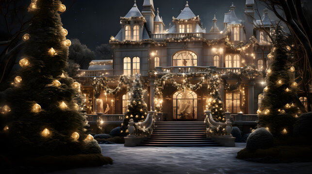 Majestic Christmas tree extravaganza surrounding a luxurious mansion under a golden garland shower