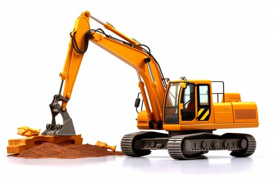 3D rendered construction machinery lifting cargo with orange crawler excavator in front, on white background, no shadow. Generative AI