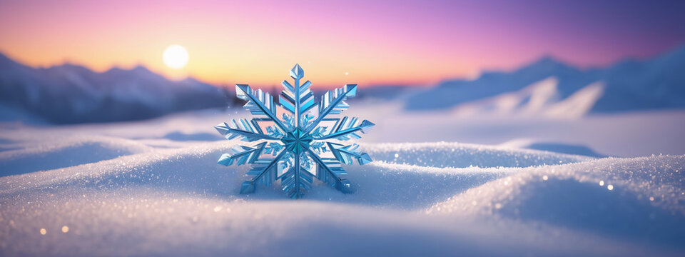 Schneeflocke auf Schnee. Weihnachten und Winter Bannerformat. Schneewehen aus der N&auml;he.