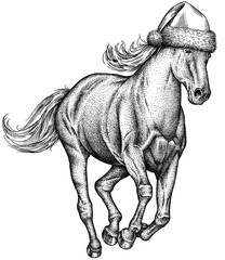 Vintage engraving isolated horse set dressed christmas illustration ink santa costume sketch. Wild equine background nag mustang animal silhouette new year hat art. Black and white hand drawn image	