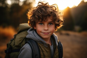Portrait of a cute boy looking at camera  while near his tent in nature