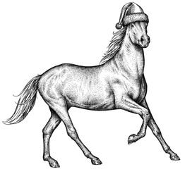 Vintage engraving isolated horse set dressed christmas illustration ink santa costume sketch. Wild equine background nag mustang animal silhouette new year hat art. Black and white hand drawn image  © Turaev