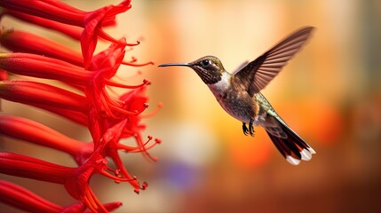 A hummingbird flying near a red flower, AI generative