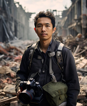 Asian man war journalist with camera in a ruined city