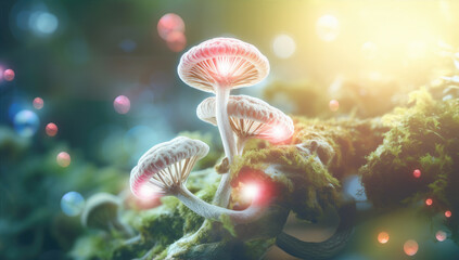 Mushrooms growing inside a humid forest. Beautiful light. Close-up.