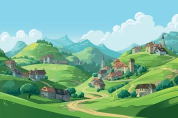 Fototapeten Background village in the mountains in the flat cartoon design. The illustration captures the charm of the mountain village, with cozy cottages and winding paths. Vector illustration. © Andrey